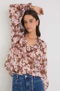 Among The Brave: Odyssey Shirred Neck LS Top - Blush Chocolate Floral