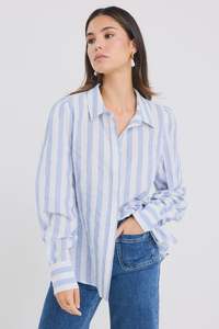 Solidify LS Puff Sleeve Blouse - Sky Blue Stripe