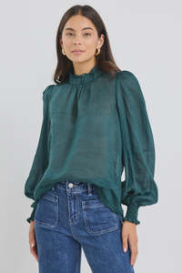 By Rosa: Poet Sheer Long Sleeve High Neck Top - Forest