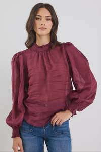 Poet Sheer Long Sleeve High Neck Top - Burgundy Plum