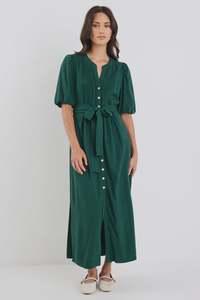 Candor Puff Sleeve Pin Tuck Maxi Shirt Dress - Forest