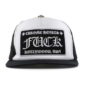 Chrome Hearts: Chrome Hearts FUCK Hollywood Trucker Hat (Black/White)