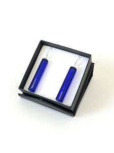 Wearing Glass: Glass Cylinder & Sterling Silver Earrings - Cobalt Blue