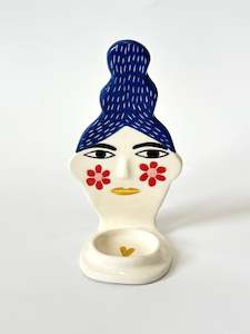 Studio Soph: Blue Hair Lady Candle Person with flower cheeks - Ceramic candle holder by Studio Soph