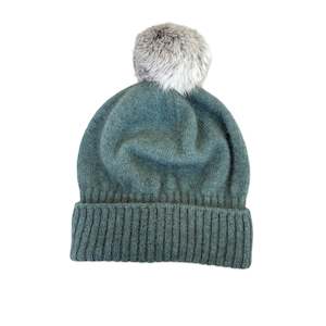 Possum Merino Turn Back Beanie with Rabbit Fur Pompom - Sage