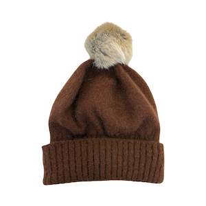 Possum Merino Turn Back Beanie with Rabbit Fur Pompom - Russet