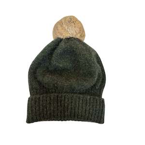Possum Merino Turn Back Beanie with Rabbit Fur Pompom - Moss
