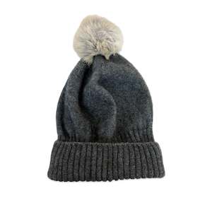 Possum Merino Turn Back Beanie with Rabbit Fur Pompom - Charcoal