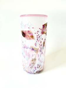 Glassware: White with Pinks Handblown Glass Cylinder 'Shard; Vase - by Grinter Glass