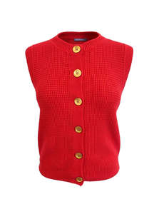 Clothing: Cherry Red 'Hepburn' Button Vest - Textured Cotton/Merino