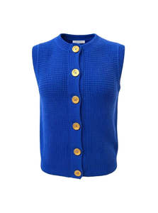 Clothing: Cobolt Blue 'Hepburn' Button Vest - Textured Cotton/Merino