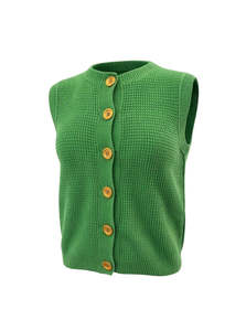 Clothing: Kelly Green 'Hepburn' Button Vest - Textured Cotton/Merino