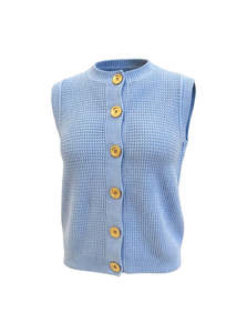 Clothing: Sky Blue 'Hepburn' Button Vest - Textured Cotton/Merino