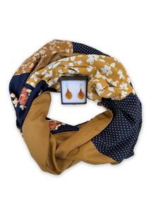 Scarves: Infinity Scarf - Navy Mustard Florals / Mustard