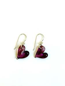 Jewellery: Glass Heart Hook Earrings - Aubergine