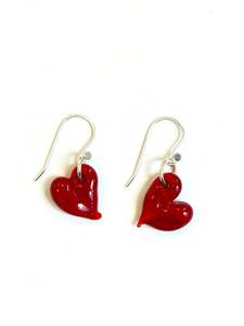 Glass Heart Hook Earrings - Red