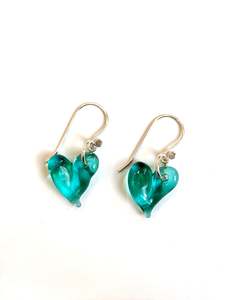 Jewellery: Glass Heart Hook Earrings - Teal