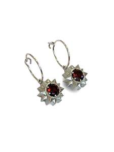 Jewellery: Silver Stardrop Hoop earrings - with Garnets