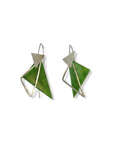 Jewellery: Layered Irregular Triangle Pounamu ans Silver Earrings (EA-TR1)