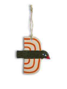 Ceramics: Olive Green, Orange & Stripes Ceramic Bird Decoration by Studio Soph