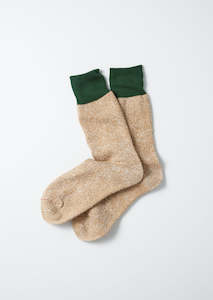 Double Face Crew Socks "Silk & Cotton" - D.Green / Beige