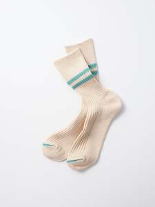 Rototo Socks: Cotton/Hemp Stripe Socks - White Sand/Turquoise