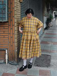 Womens Dresses: Frill Tent Dress - Yellow Plaid