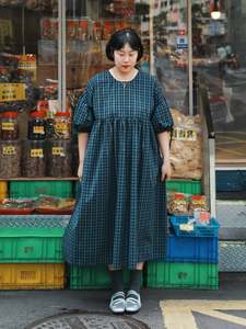 Womens Dresses: Empire Tent Dress - Navy Plaid