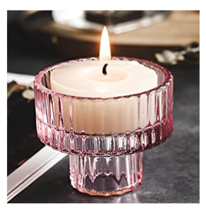 Reversible ribbed glass taper/tealight candle holder - blush pink