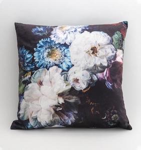 Cushions And Throws: Velvet Cushion - Black Botanical
