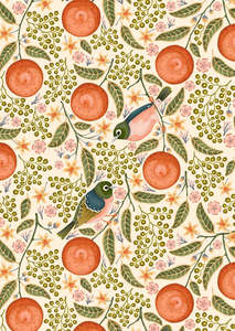 Tea Towels Dishclothes: Cream Waxeyes & Mandarins Tea Towel