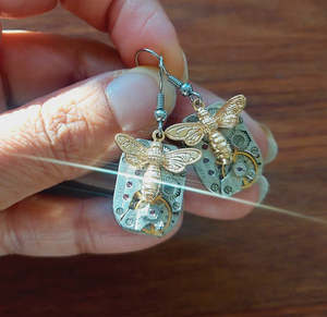 Rainey Design: Rectangle Timepiece Earrings with Large Golden Bees