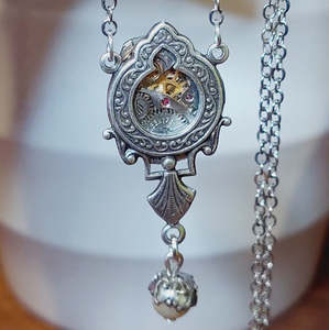 Rainey Design: Ornate Window Pendant with Timepiece and Pearl