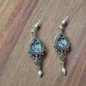 Brass Ornate Window Earrings with Pearl Drop