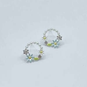 Some Jewellery: Round Pearl w/ Blue Flower Earrings