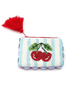 Tiger Tree: Cherry Beaded Blue Stripe Purse