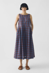 Blue: Aila Gingham Linen Dress - Brown Ochre / Dark Cornflower