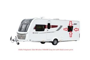 Elddis Polyplastic Nearside Window 550×500 Grey tint with black screen print �&hellip;