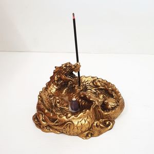 Candle Tealight Incense Holders: Round Dragon Double Incense Holder Gold