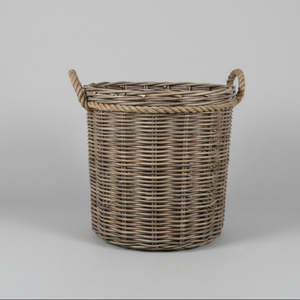 Cane Rattan: Grey Round Log Basket with Rope Handles