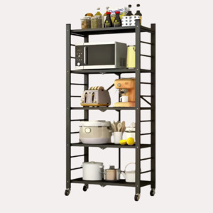Furniture: Folding Metal Stand On Wheels 5 Shelves Black