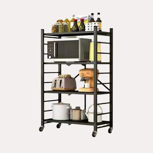 Furniture: Folding Metal Stand On Wheels 4 Shelves Black