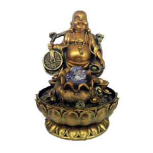 Good Fortune Buddha, Gold Sack with Rolling Ball Water Feature