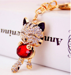 Keyrings: Diamante Key Ring Red Cat 10x4.5x1cm