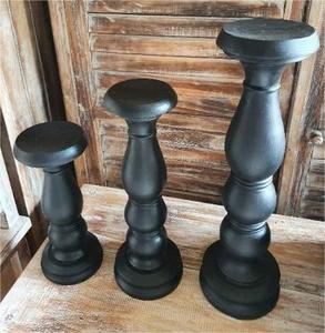 All: Carved Set of 3 Candle Holders Black