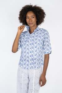 Woman Tops Tunics In Italy: Handmade Cotton Shirt Rita Blue - Marilu