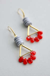 David Aubrey: David Aubrey Red and Grey Dangle Earrings