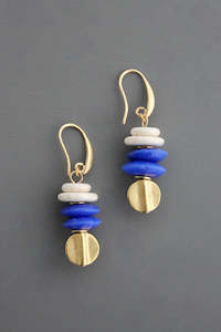 David Aubrey: David Aubrey Brass, Magnesite and Blue Glass Dangle Earrings