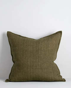 Fractured Strata Olive By Baya: Baya Cassia Handwoven 100% Linen Cushion - Military | Square