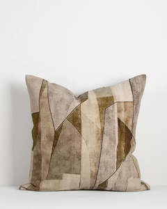 Fractured Strata Olive By Baya: Baya Grove Linen Cushion - Olive | Abstract Print